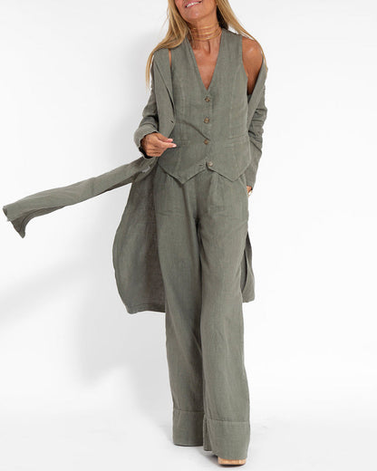 Linen 2-Piece Set | Women | Linen | Wide-Leg Trousers | Button Vest | Steven & Levon