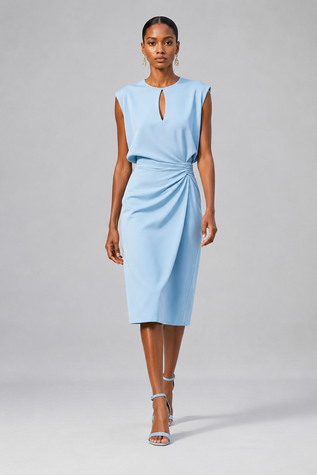 Women’s Keyhole Neck Midi Dress | Slim Fit Ruched Waist Formal Cocktail & Wedding Guest Dress | Steven & Levon