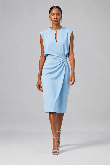 Women’s Keyhole Neck Midi Dress | Slim Fit Ruched Waist Formal Cocktail & Wedding Guest Dress | Steven & Levon