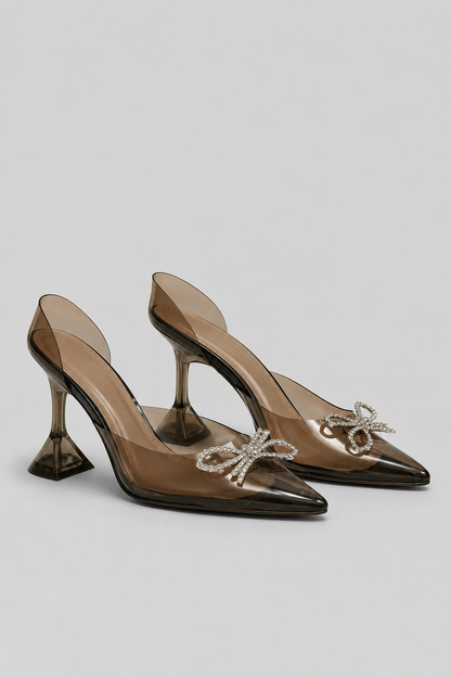 Transparent High Heels | Women | Silver Bow Detail | Pointed Toe | Black | Evening Shoes | Steven & Levon