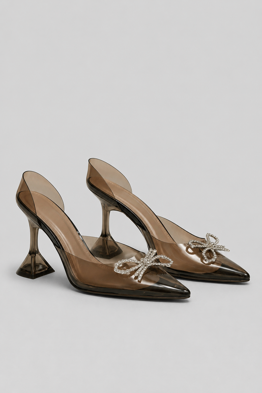 Transparent High Heels | Women | Silver Bow Detail | Pointed Toe | Black | Evening Shoes | Steven & Levon