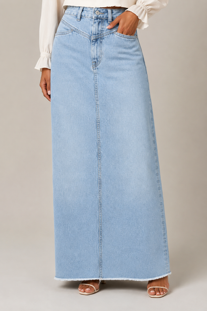 Women's High Waist Denim Maxi Skirt | Women | Straight Fit | Raw Hem | 5-Pocket Long Skirt | Steven & Levon