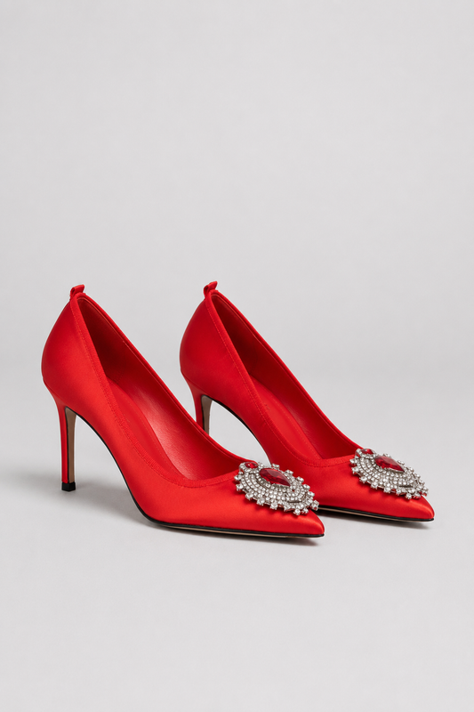 Satin Stiletto Heels | Women | Diamond Detail | Pointed Toe | Red | Evening Dress Shoes | Steven & Levon