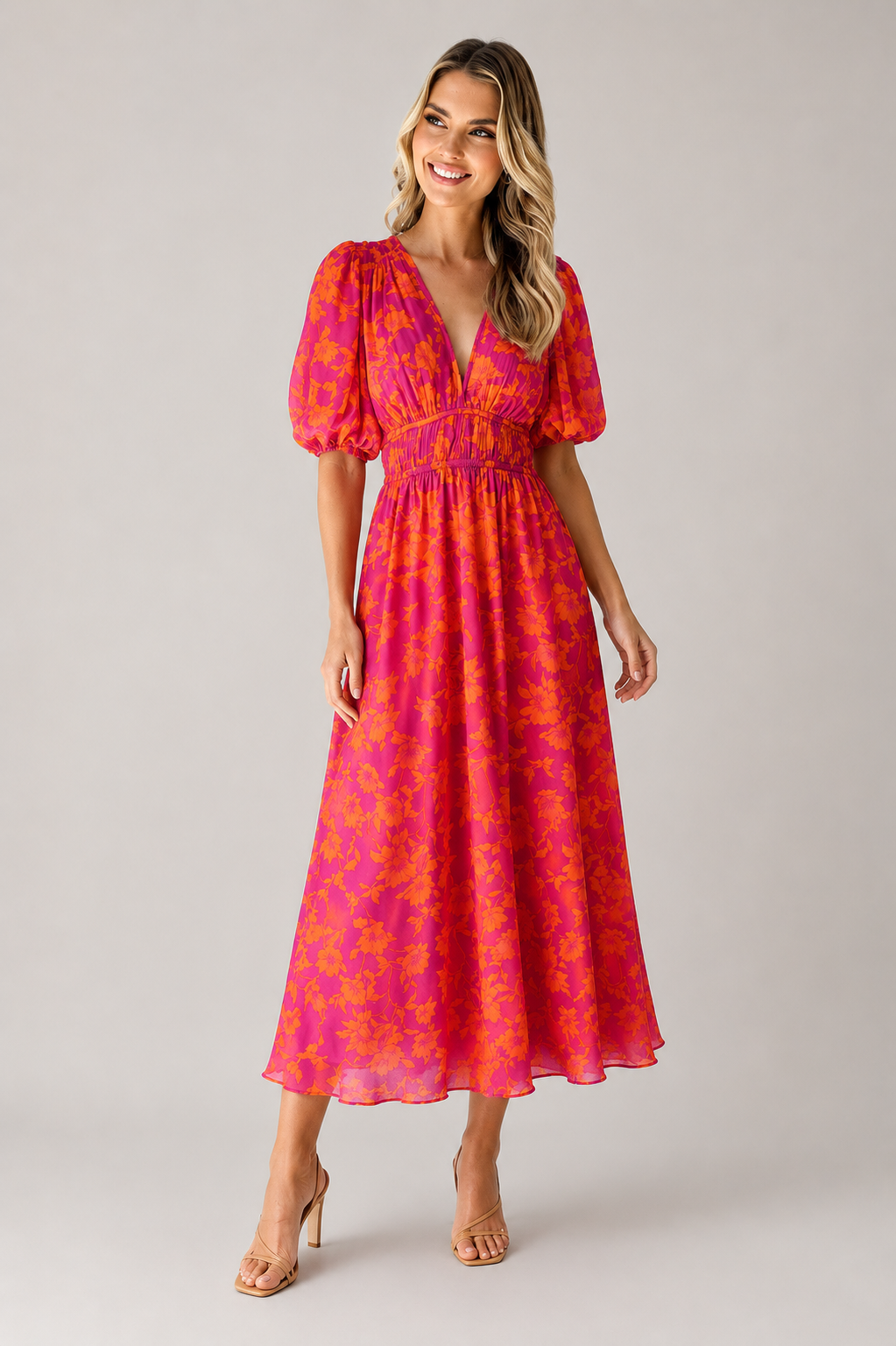Women's Midi Dress | Floral Puff Sleeve Dress | Elegant Summer Style | Steven & Levon