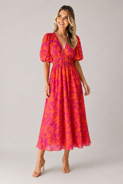 Women's Midi Dress | Floral Puff Sleeve Dress | Elegant Summer Style | Steven & Levon