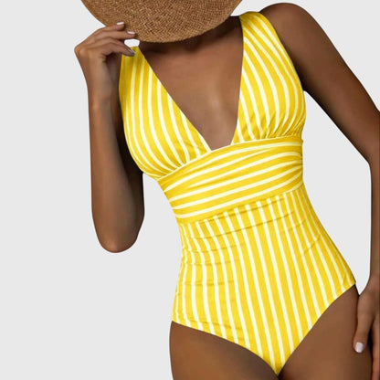 Striped One-Piece Swimsuit | Women | Nylon & Spandex Blend | V-Neck Stretch Fit Swimwear | Steven & Levon