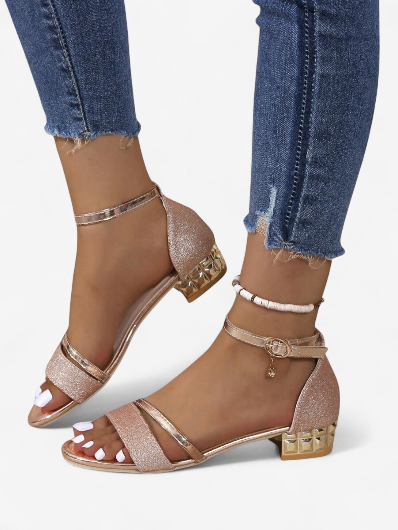 Elegant Glitter Ankle Strap Sandals | Women | Shimmer Synthetic | Low Block Heel Dress Shoes | Steven & Levon