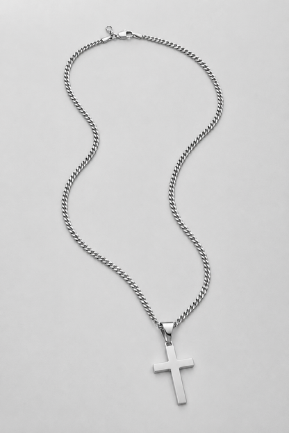 Silver Classic Cross Necklace | Men | Stainless Steel | Cuban Chain | Religious Jewellery | Steven & Levon