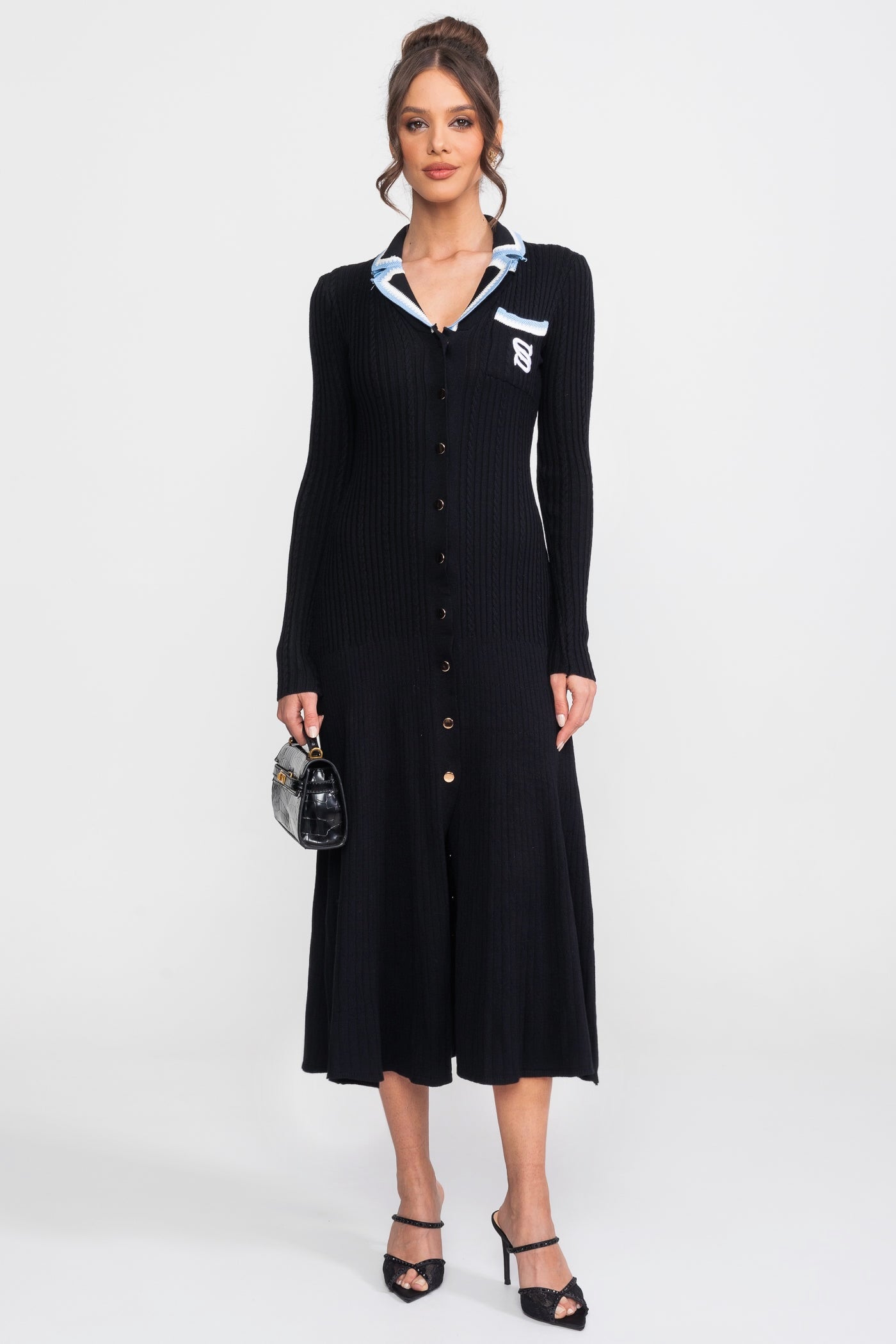 Polo Collar Knit Midi Dress | Women | Long Sleeve | Black | Steven & Levon