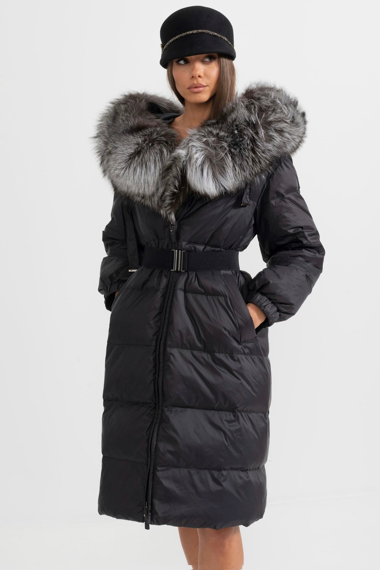 Long Puffer Jacket | Women's Quilted Puffer Coat | Grey Fur-Lined Hood, Black Insulated Winter Outerwear | Steven & Levon