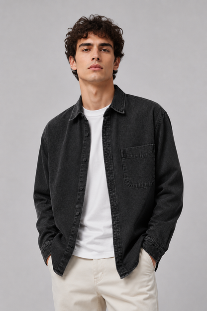 Men's Washed Denim Overshirt | Relaxed Fit | Cotton Shirt Jacket | Button Up | Steven & Levon