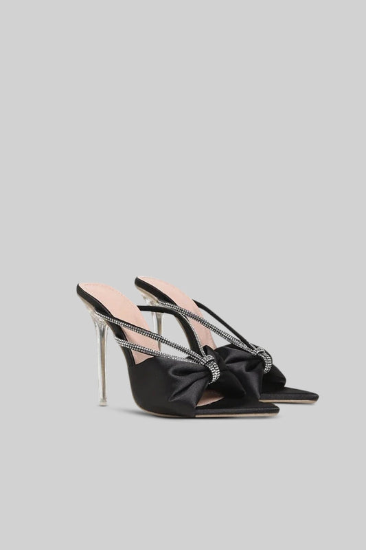 Embellished Satin High Heel Sandals | Women | Rhinestone Detail | Black | Evening Dress Shoes | Steven & Levon