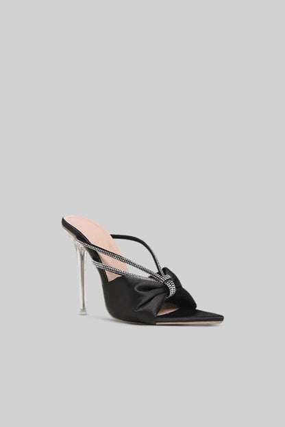 Embellished Satin High Heel Sandals | Women | Rhinestone Detail | Black | Evening Dress Shoes | Steven & Levon