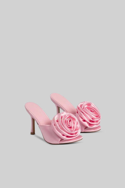 Satin Flower Sandals | Women | Pom Pom Detail | Pink | Elegant Dress Shoes | Steven & Levon