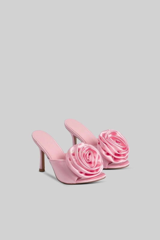 Satin Flower Sandals | Women | Pom Pom Detail | Pink | Elegant Dress Shoes | Steven & Levon
