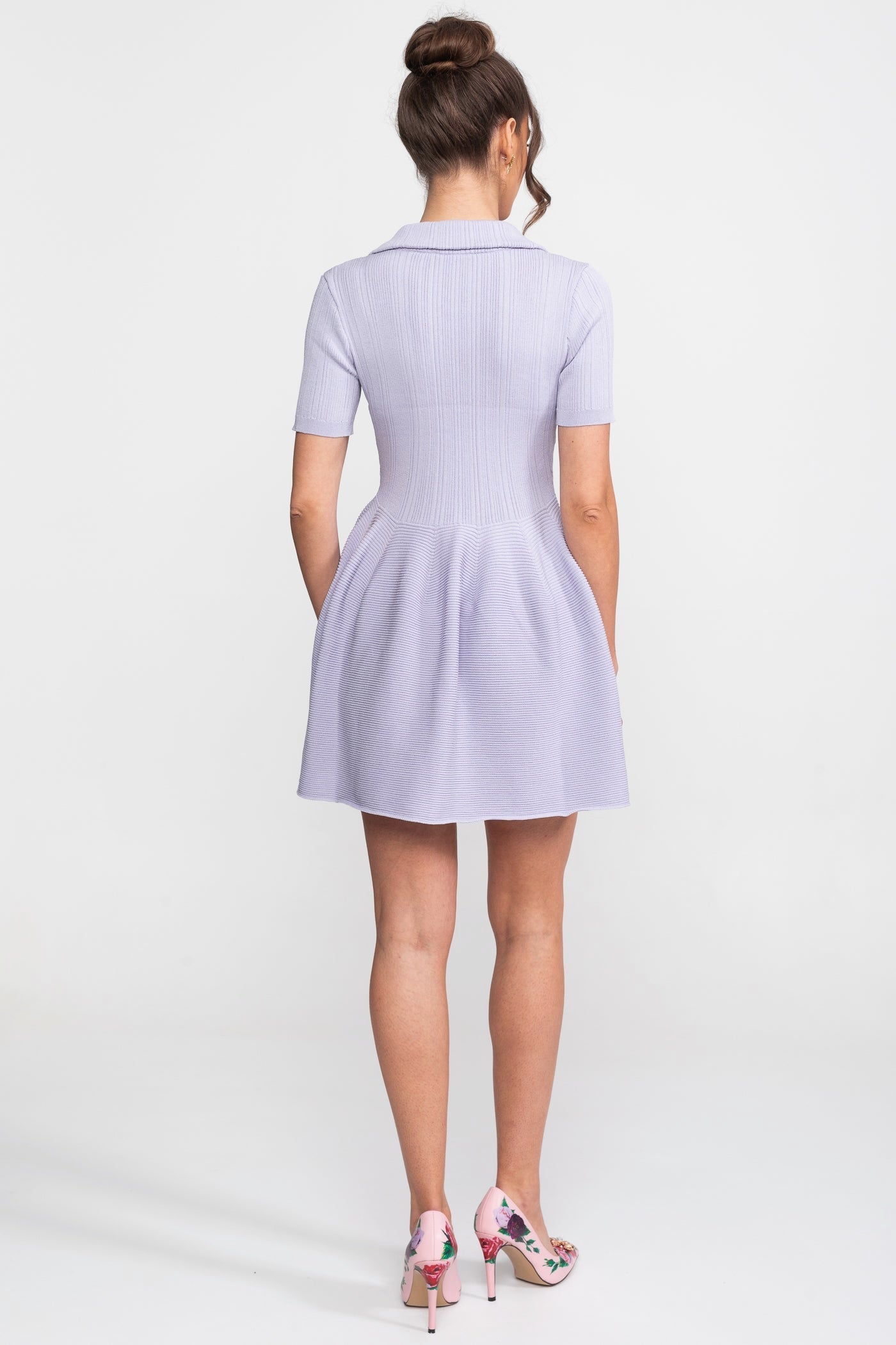 Ribbed Knit Mini Dress | Women | Open Polo Collar | Jewel Buttons | Lilac | Steven & Levon