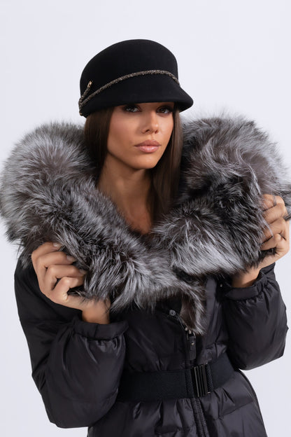 Long Puffer Jacket | Women's Quilted Puffer Coat | Grey Fur-Lined Hood, Black Insulated Winter Outerwear | Steven & Levon