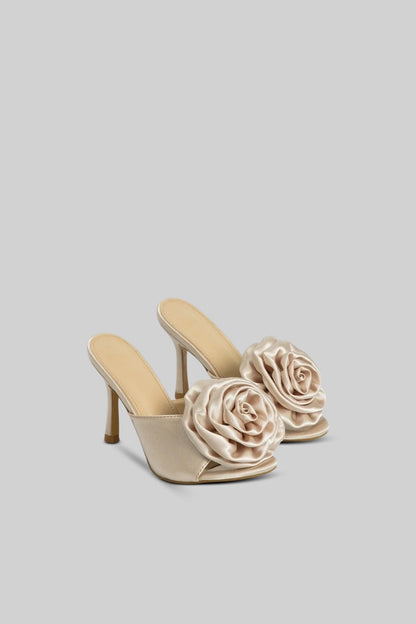 Satin Flower Sandals | Women | Pom Pom Detail | Beige | Elegant Dress Shoes | Steven & Levon