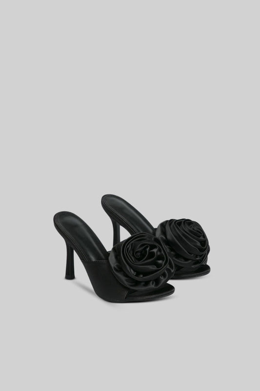 Satin Flower Sandals | Women | Pom Pom Detail | Black | Elegant Dress Shoes | Steven & Levon