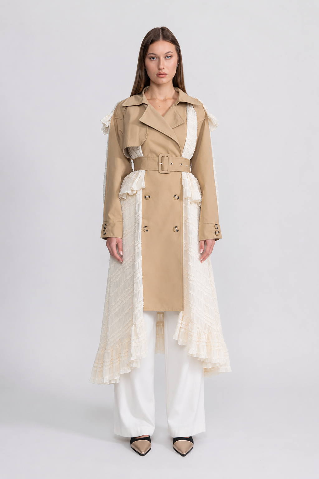 Women's Longline Lace Panel Trench Coat | Beige | Belted Waist | Elegant Overcoat | Steven & Levon