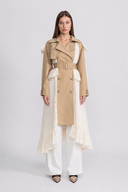 Women's Longline Lace Panel Trench Coat | Beige | Belted Waist | Elegant Overcoat | Steven & Levon