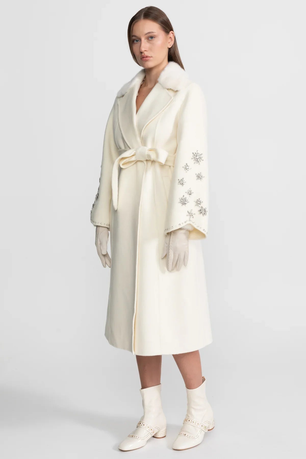 Women's Wool & Cashmere Overcoat | Fox Fur Collar | Crystal Embellished Sleeves, Belted Wrap Coat | Steven & Levon