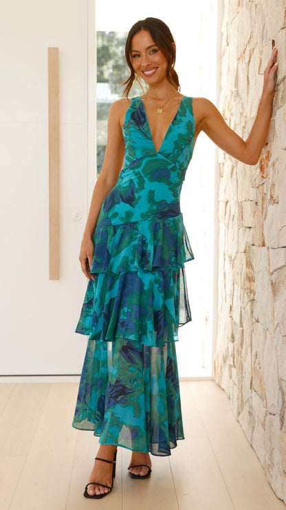 Elegant V-Neck Tiered Maxi Dress | Women | Lightweight Fabric | Occasion Wear | Steven & Levon