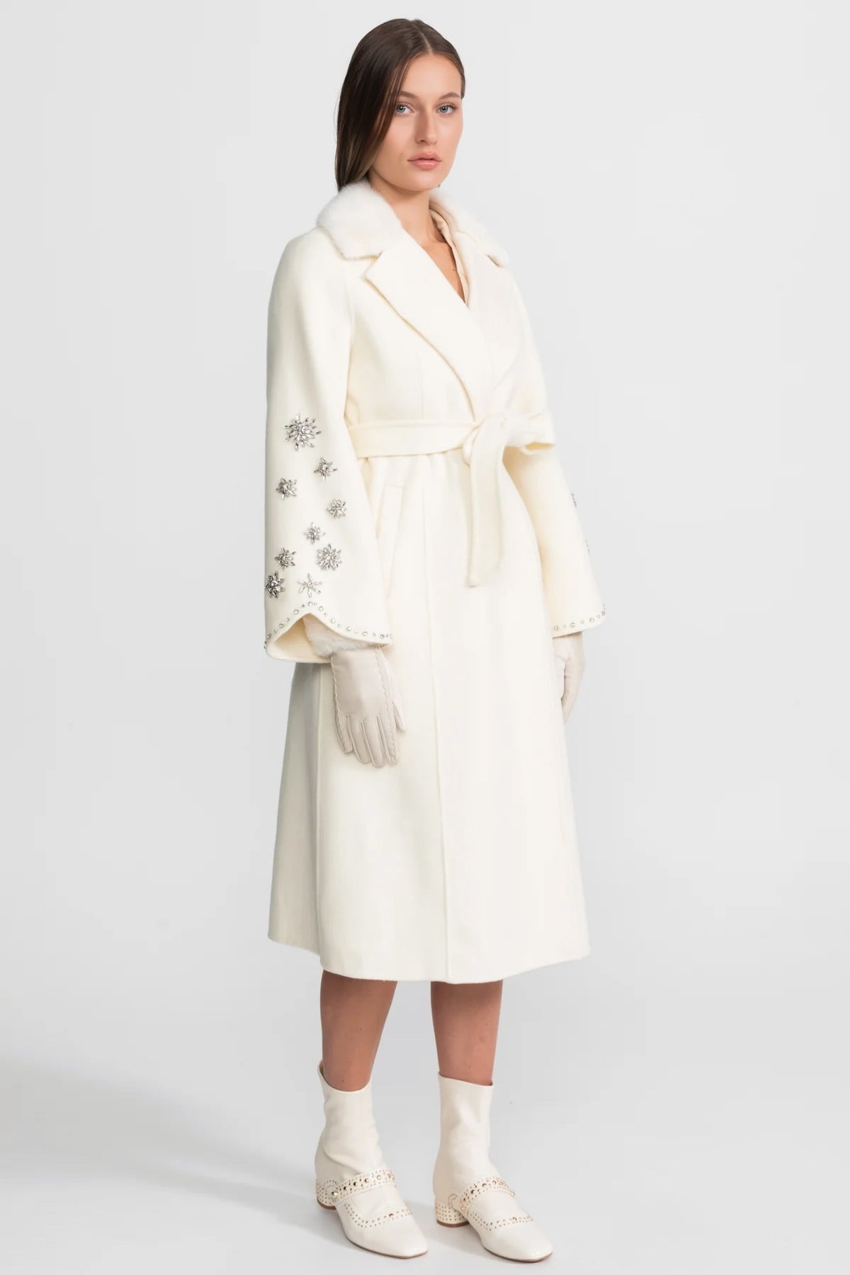 Women's Wool & Cashmere Overcoat | Fox Fur Collar | Crystal Embellished Sleeves, Belted Wrap Coat | Steven & Levon