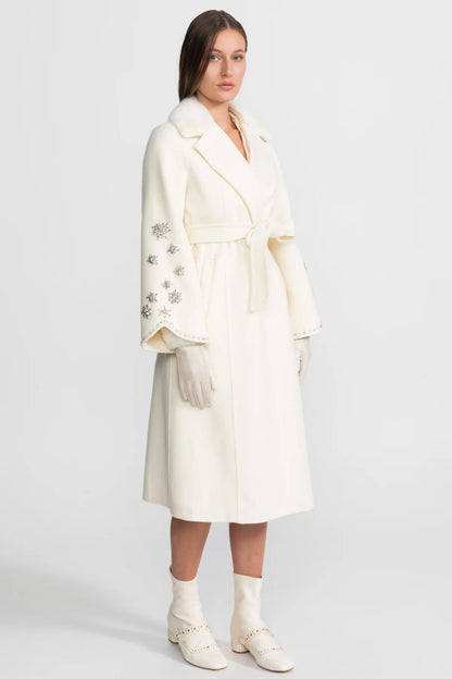 Women's Wool & Cashmere Overcoat | Fox Fur Collar | Crystal Embellished Sleeves, Belted Wrap Coat | Steven & Levon