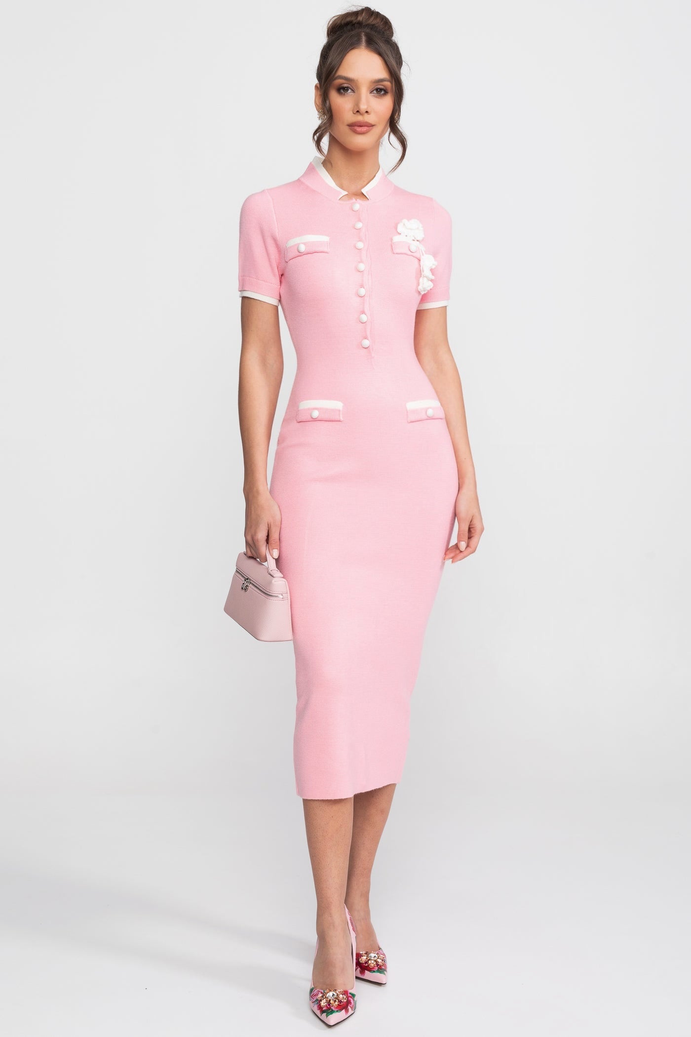 Ribbed Knit Midi Dress | Women | Contrast Trim | Decorative Pockets | Pink | Steven & Levon