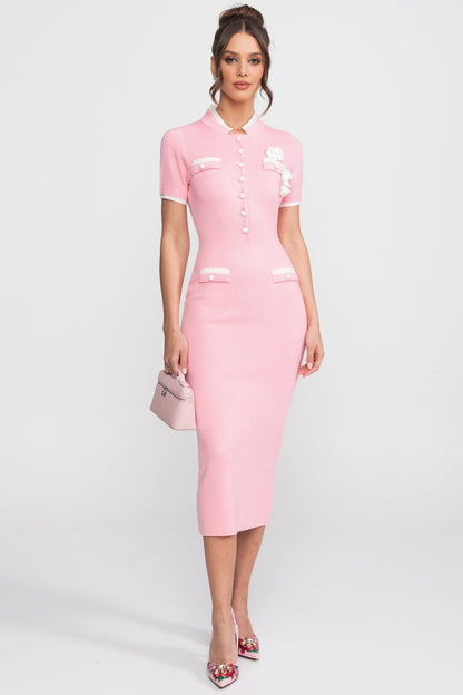 Ribbed Knit Midi Dress | Women | Contrast Trim | Decorative Pockets | Pink | Steven & Levon