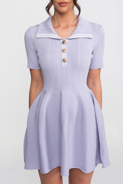 Ribbed Knit Mini Dress | Women | Open Polo Collar | Jewel Buttons | Lilac | Steven & Levon
