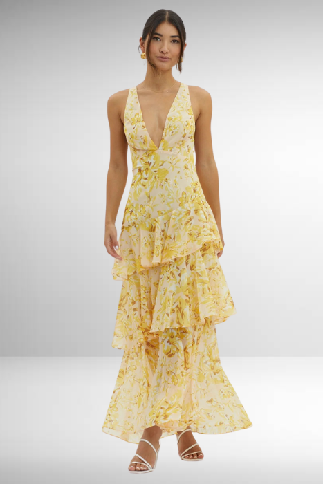 Elegant V-Neck Tiered Maxi Dress | Women | Lightweight Fabric | Occasion Wear | Steven & Levon