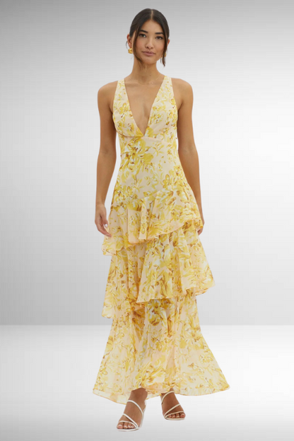 Elegant V-Neck Tiered Maxi Dress | Women | Lightweight Fabric | Occasion Wear | Steven & Levon