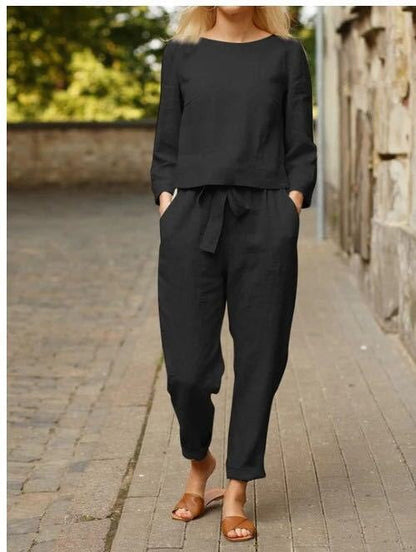 Women's Linen 2-Piece Set | Long Sleeve Top & Wide-Leg Trousers | Relaxed Fit | Steven & Levon