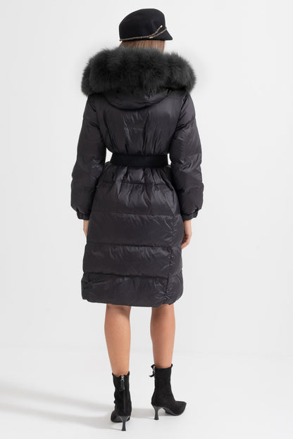 Long Puffer Jacket | Women's Quilted Puffer Coat | Black Fur-Lined Hood, Insulated Winter Outerwear | Steven & Levon