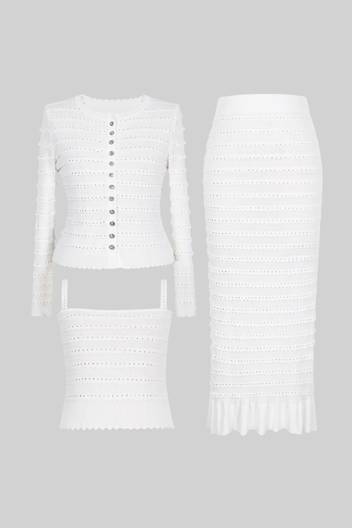Textured Knit 3-Piece Set | Women | Blazer Top & Midi Skirt | White | Steven & Levon
