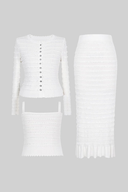 Textured Knit 3-Piece Set | Women | Blazer Top & Midi Skirt | White | Steven & Levon