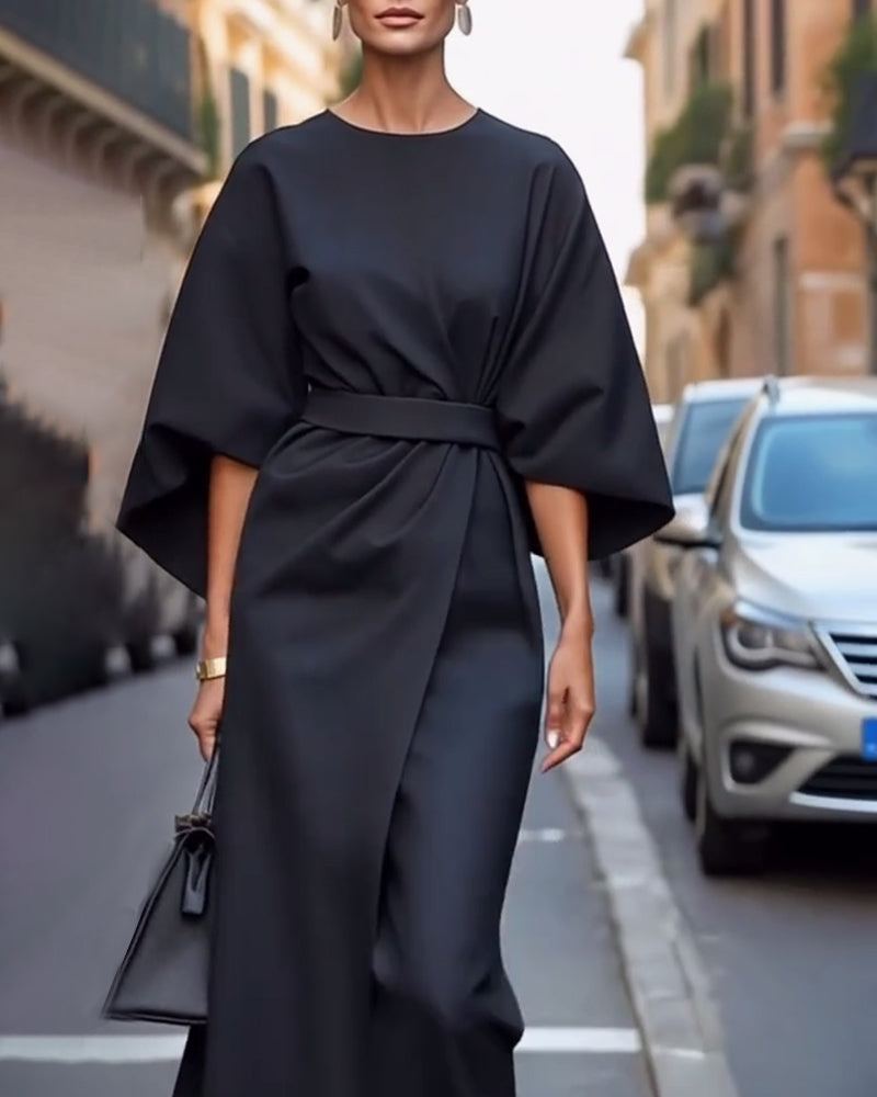 Elegant Belted Cape Sleeve Dress | Women’s Midi Occasion Dress | Steven & Levon