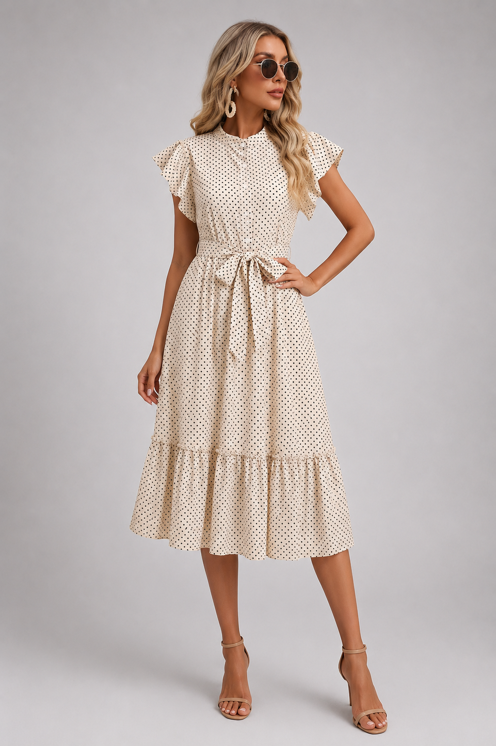 Midi Dress | Women's Polka Dot Button Front Tie Waist Dress | Steven & Levon