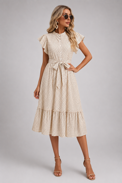 Midi Dress | Women's Polka Dot Button Front Tie Waist Dress | Steven & Levon