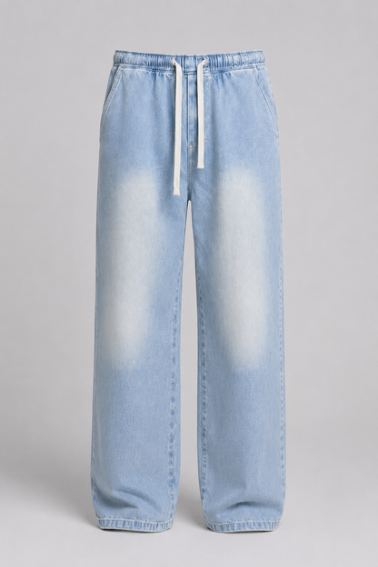 Driftway - Loose Straight Leg Drawstring Jeans  Everyday Casual Wear
