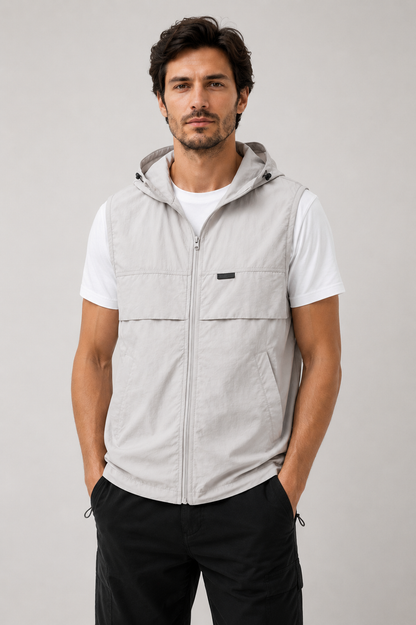 Men's Hooded Utility Vest | Lightweight | Zip Front | Multi-Pocket | Outdoor Hiking Workwear | Steven & Levon