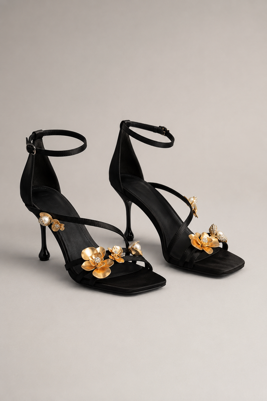 Elegant High Heels | Women | Gold Flower Detail | Pointed Toe | Black | Evening Dress Shoes | Steven & Levon
