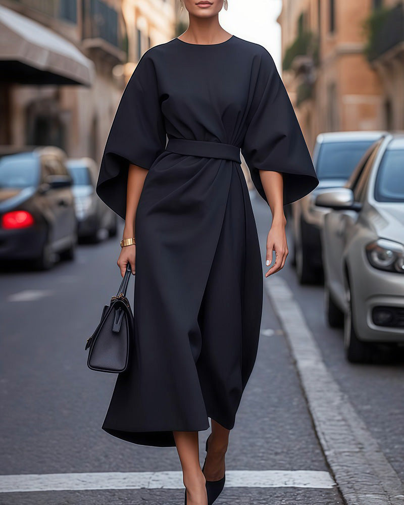 Elegant Belted Cape Sleeve Dress | Women’s Midi Occasion Dress | Steven & Levon