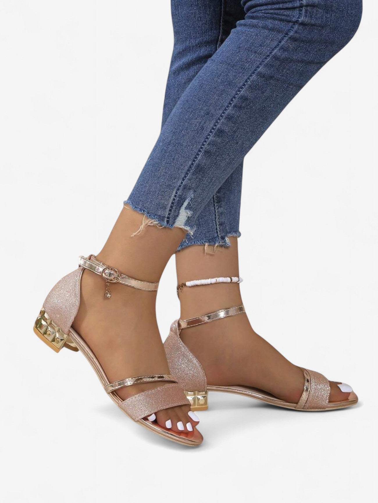 Elegant Glitter Ankle Strap Sandals | Women | Shimmer Synthetic | Low Block Heel Dress Shoes | Steven & Levon