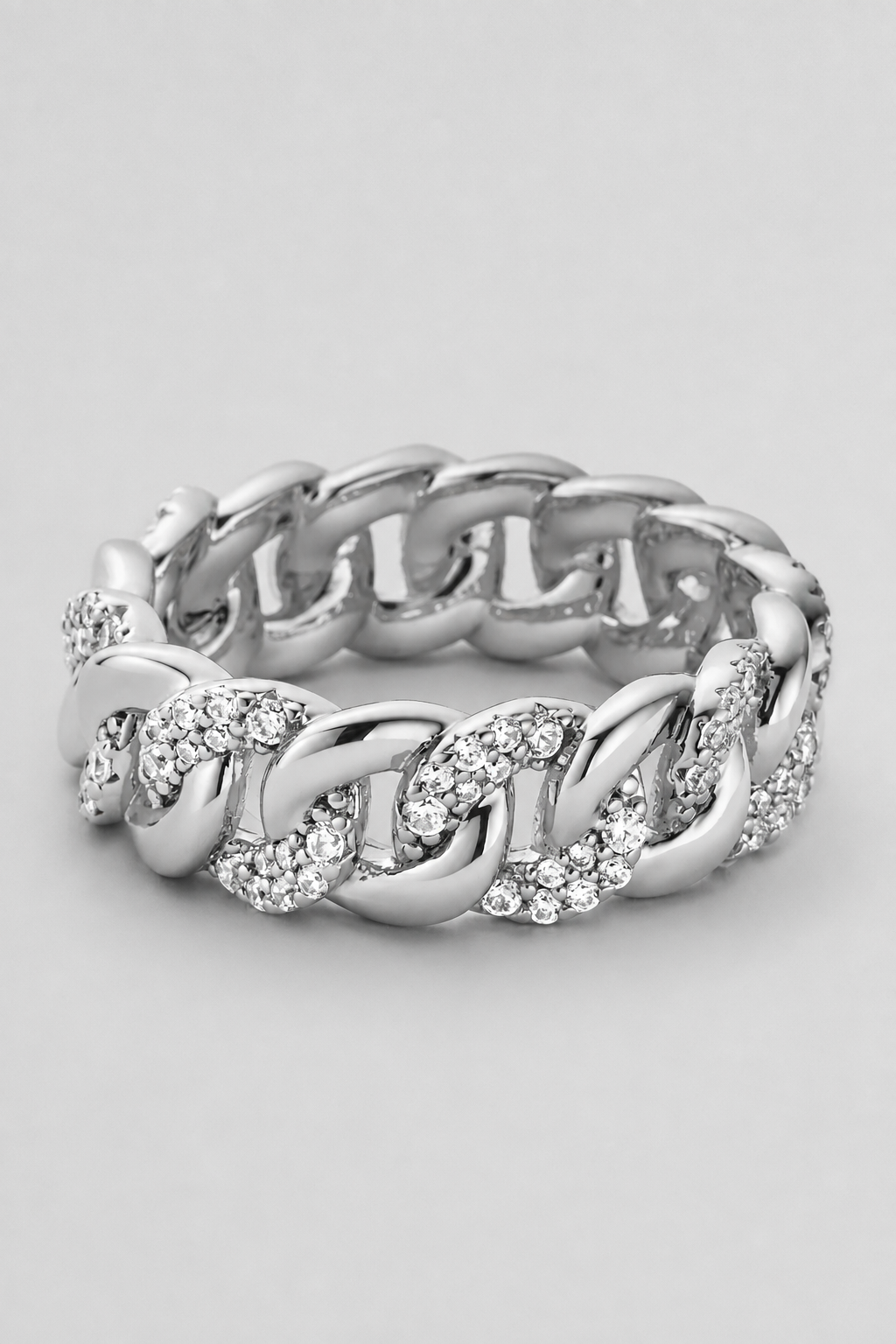 Half Iced Cuban Band Ring | Silver | Unisex | Stainless Steel | 8mm | Cubic Zirconia | Steven & Levon
