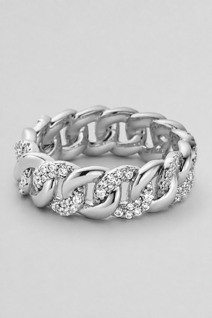 Half Iced Cuban Band Ring | Silver | Unisex | Stainless Steel | 8mm | Cubic Zirconia | Steven & Levon