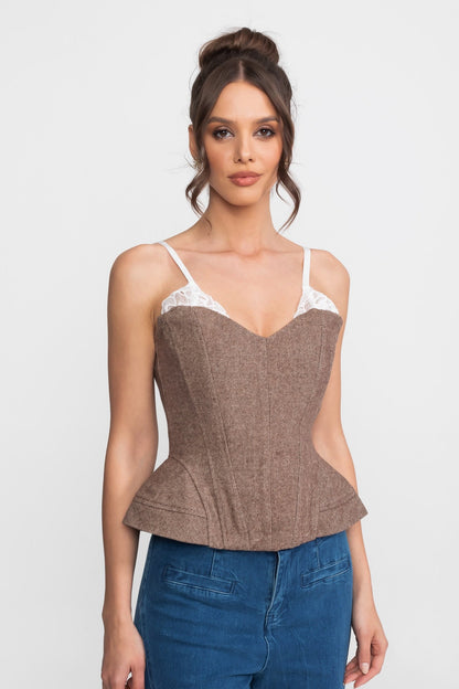 Structured Tweed Corset Top | Women | Lace Straps | Peplum Hem | Brown | Steven & Levon