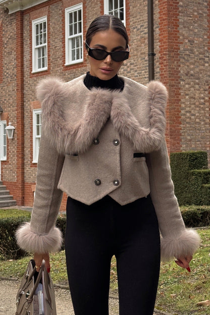 Women's Double Breasted Cropped Jacket | Fox Fur Collar | Brown Wool Blend Coat | Steven & Levon